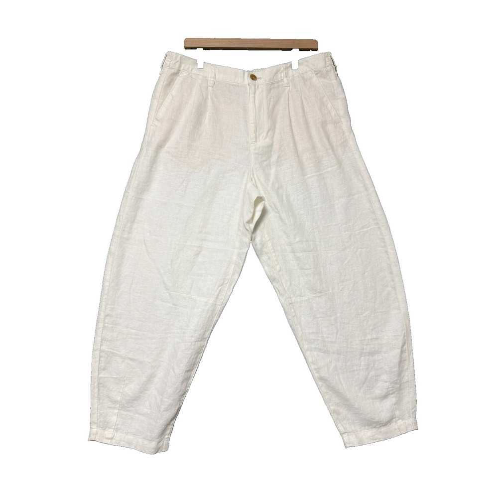 Lands' End White Linen Pants Womens 14 High Rise Pleated Coastal Grandma Beachy